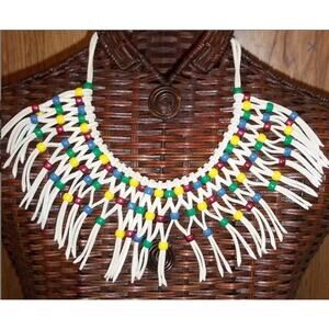 Vintage Handmade Leather Fringe Pony Bead Necklace Southwestern Boho NWOT